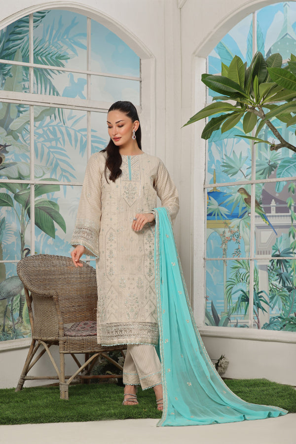3 PIECE - LUXURY EMBROIDERED PURE SELF COTTON SUIT