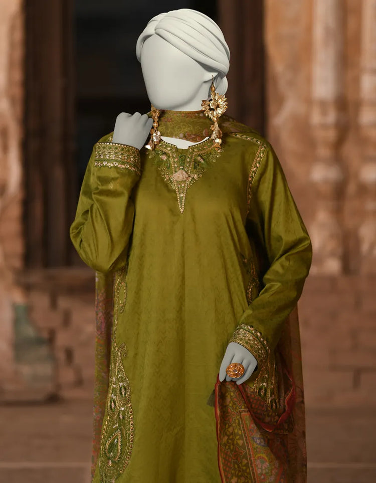 GREEN DOBBY EMBROIDERED 3PC | JLAWN-S-25-013