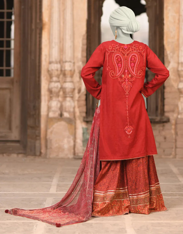 RED DOBBY EMBROIDERED 3PC | JLAWN-S-25-014