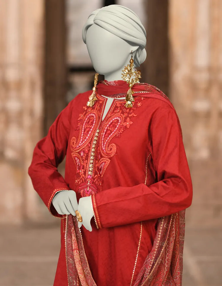 RED DOBBY EMBROIDERED 3PC | JLAWN-S-25-014