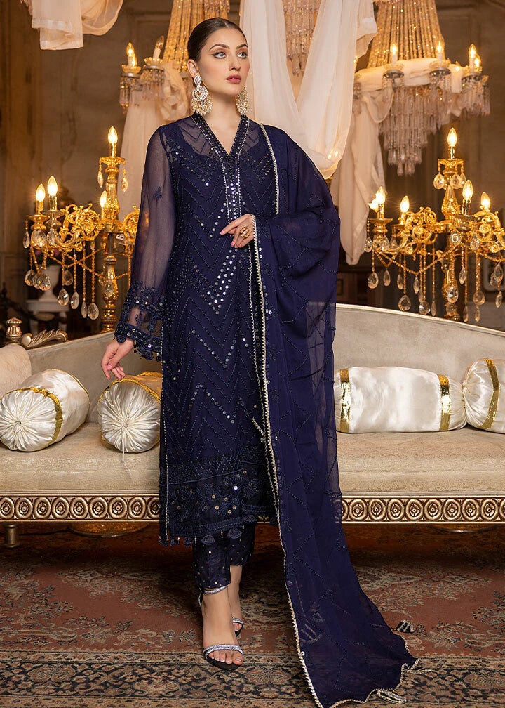 MERAKISH LUXURY CHIFFON UNSTITCHED 3P| BY SHAHZEB - NAVY BLUE