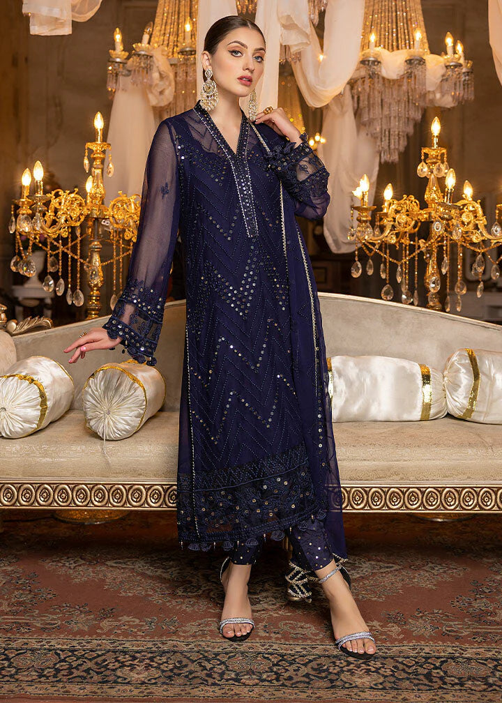 MERAKISH LUXURY CHIFFON UNSTITCHED 3P| BY SHAHZEB - NAVY BLUE