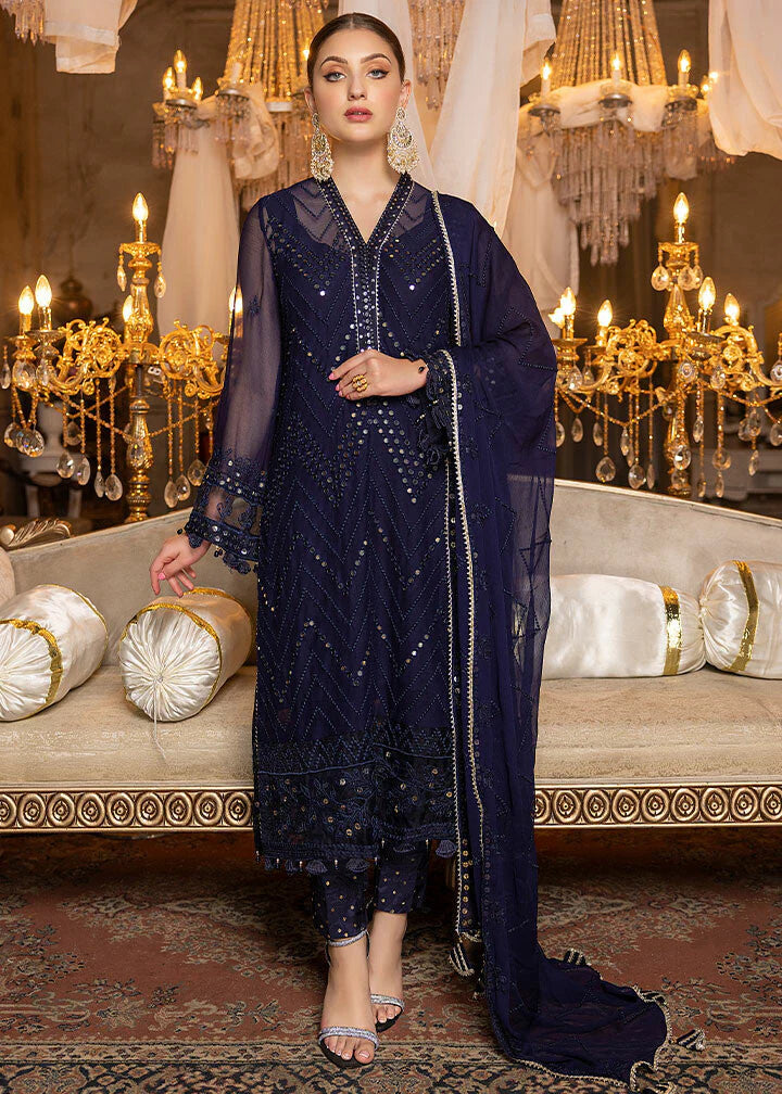 MERAKISH LUXURY CHIFFON UNSTITCHED 3P| BY SHAHZEB - NAVY BLUE