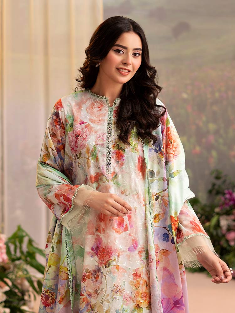 CHIKANKARI 3-Piece Unstitched Digital Printed Lawn Suit