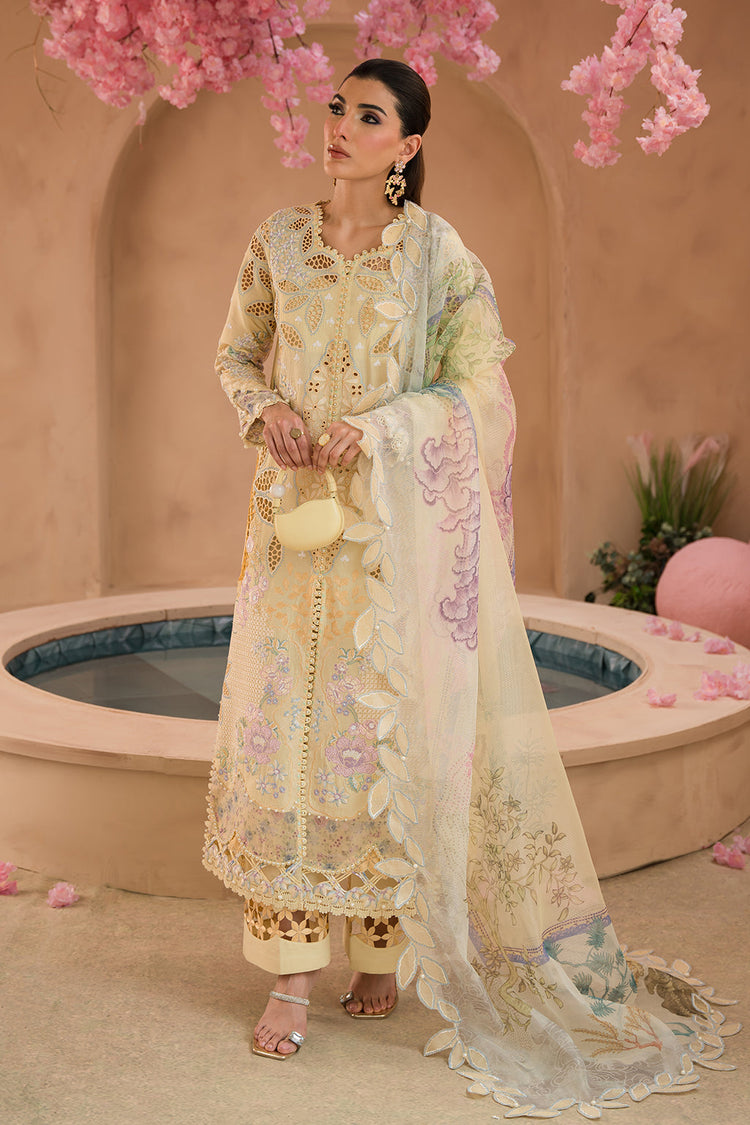 AFROZEH THE PAINTED GARDEN UN-STICHED 3PC|Sweet Saffron