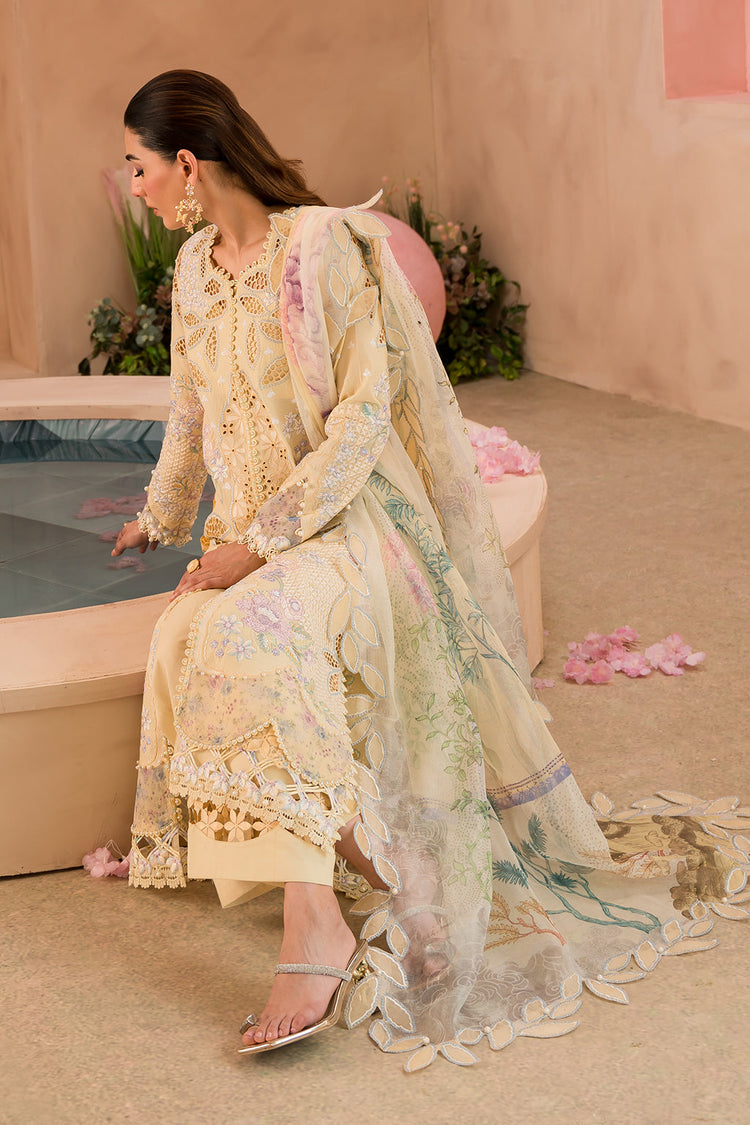 AFROZEH THE PAINTED GARDEN UN-STICHED 3PC|Sweet Saffron