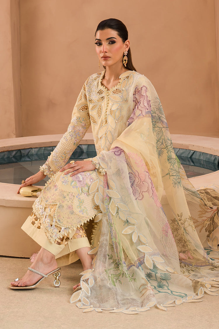 AFROZEH THE PAINTED GARDEN UN-STICHED 3PC|Sweet Saffron