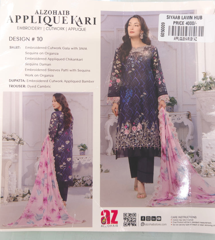 APPLIQUEKARI BY AL ZOHAIB UNSTITCHED LAWN D-10
