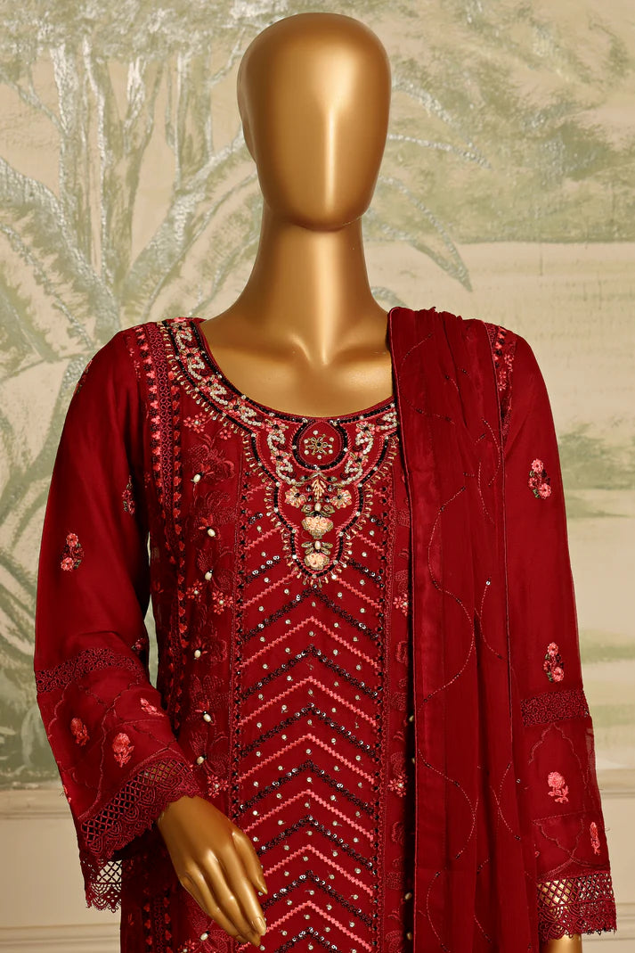 AKSHA SEMI-STITCHED HANDWORK CHIFFON 3PC | Ruby