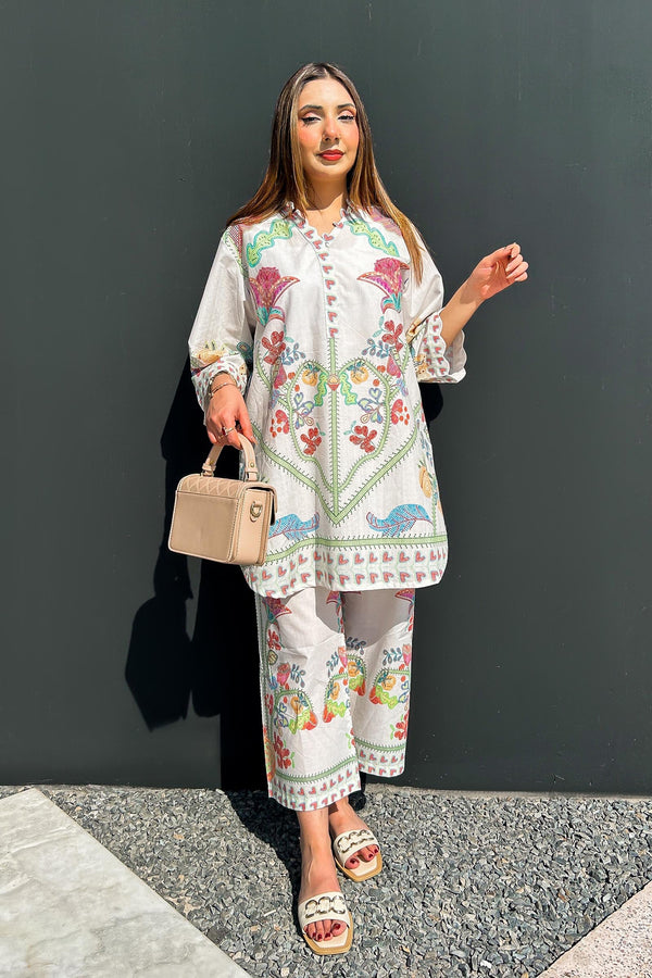 SANA SAFINAZ FESTIVE SS26BSP032P2T Stitched Printed Slub Shirt + Culotte