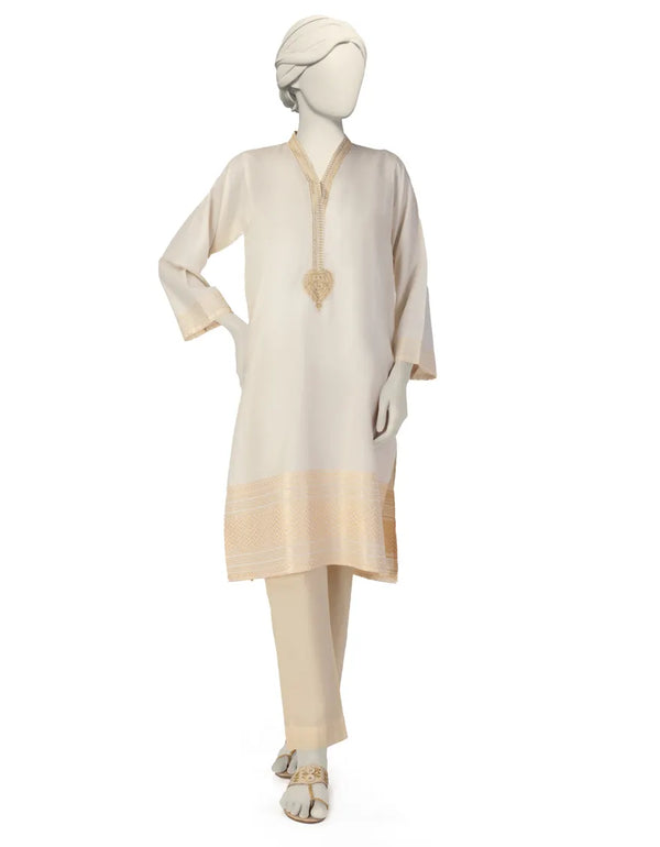 OFF WHITE WOVEN JACQUARD EMBROIDERED KURTI