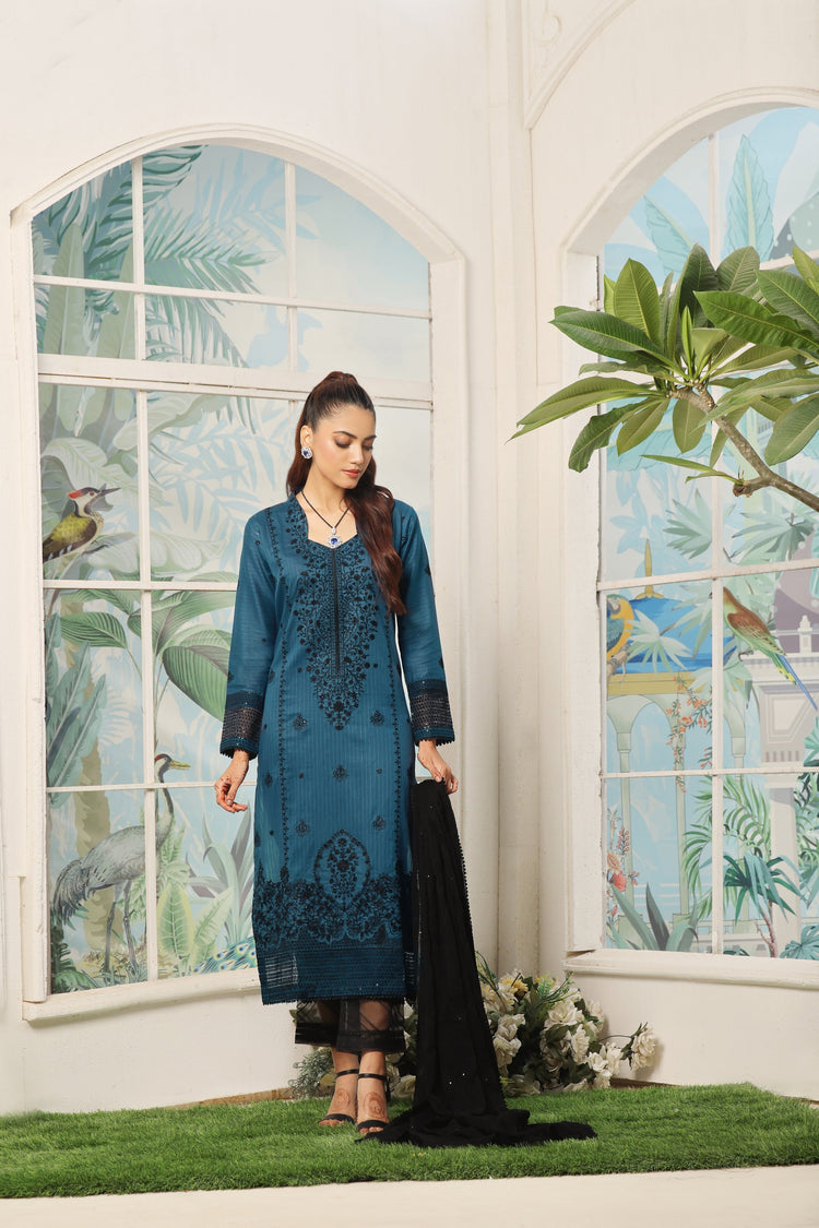 3 PIECE - LUXURY EMBROIDERED PURE SELF COTTON SUIT