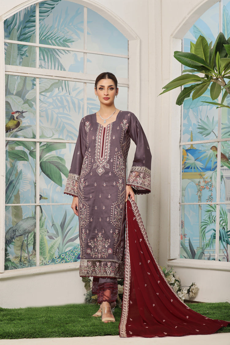 3 PIECE - LUXURY EMBROIDERED PURE SELF COTTON SUIT