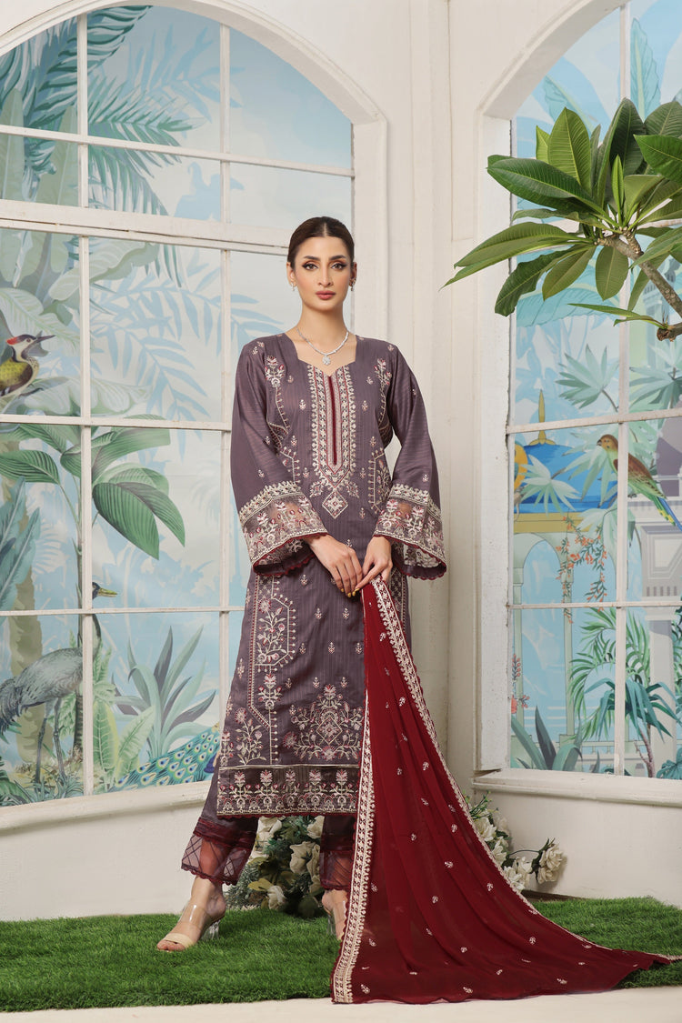 3 PIECE - LUXURY EMBROIDERED PURE SELF COTTON SUIT