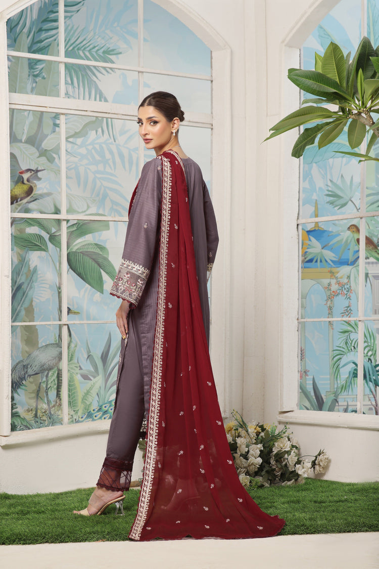 3 PIECE - LUXURY EMBROIDERED PURE SELF COTTON SUIT