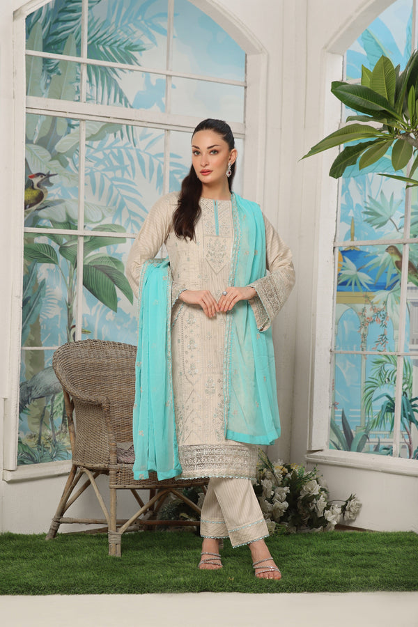 3 PIECE - LUXURY EMBROIDERED PURE SELF COTTON SUIT