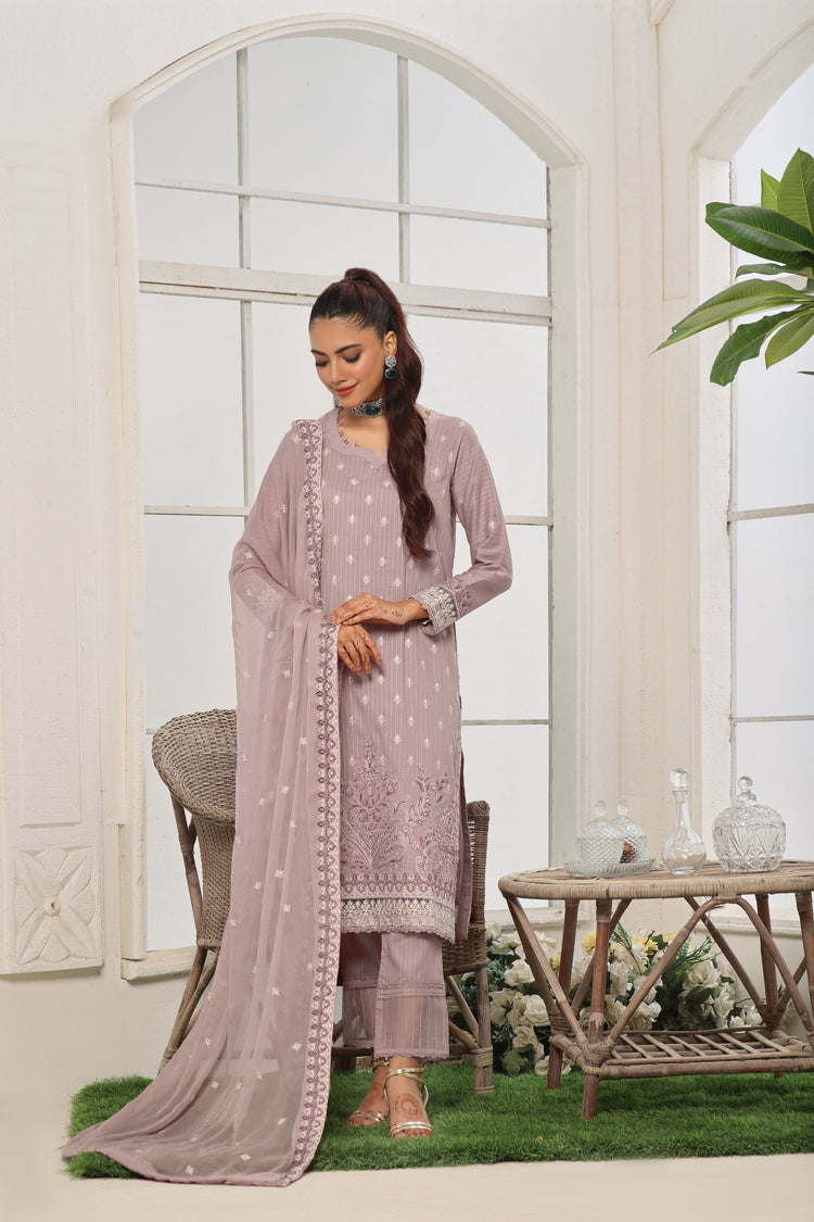 3 PIECE - LUXURY EMBROIDERED PURE SELF COTTON SUIT