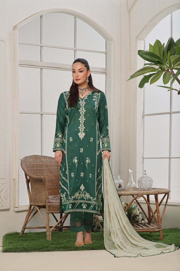 3 PIECE - LUXURY EMBROIDERED PURE SELF COTTON SUIT