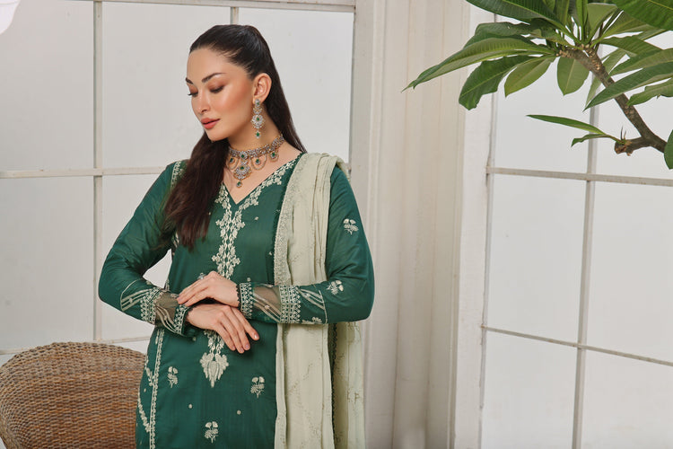 3 PIECE - LUXURY EMBROIDERED PURE SELF COTTON SUIT