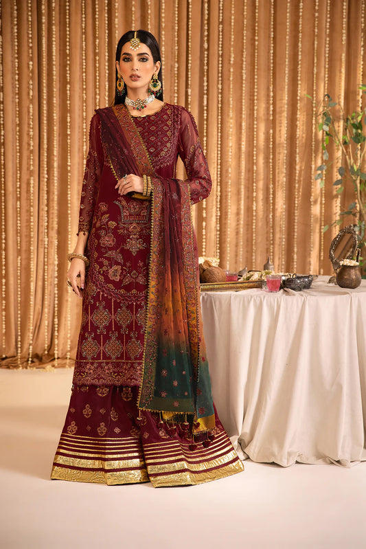 MEHFIL-E UROOS ALIZEH LUXURY CHIFFON UNSTITCHED - Roheen - V16D01 Embroidered Chiffon Maroon