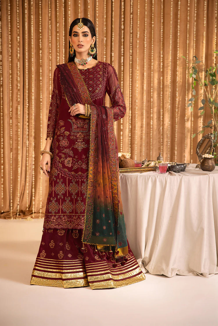 MEHFIL-E UROOS ALIZEH LUXURY CHIFFON UNSTITCHED - Roheen - V16D01 Embroidered Chiffon Maroon