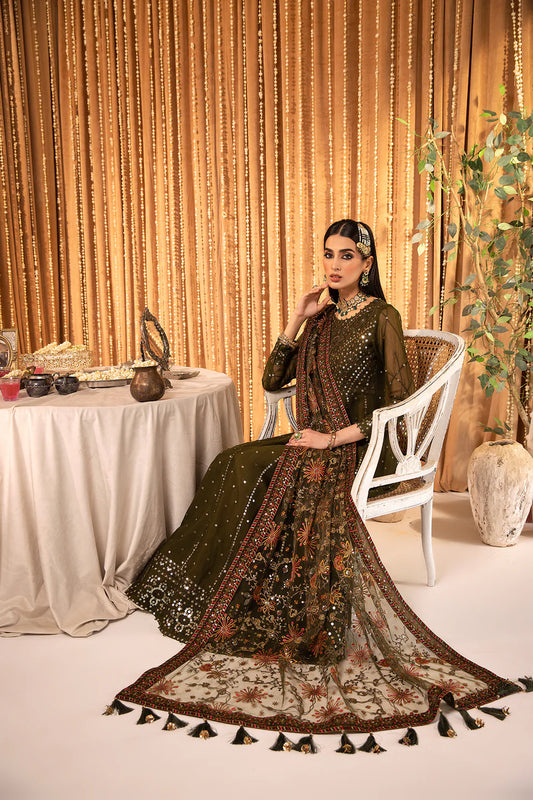 MEHFIL-E UROOS ALIZEH LUXURY CHIFFON UNSTITCHED - Mahveen - V16D07 Embroidered Chiffon Olive