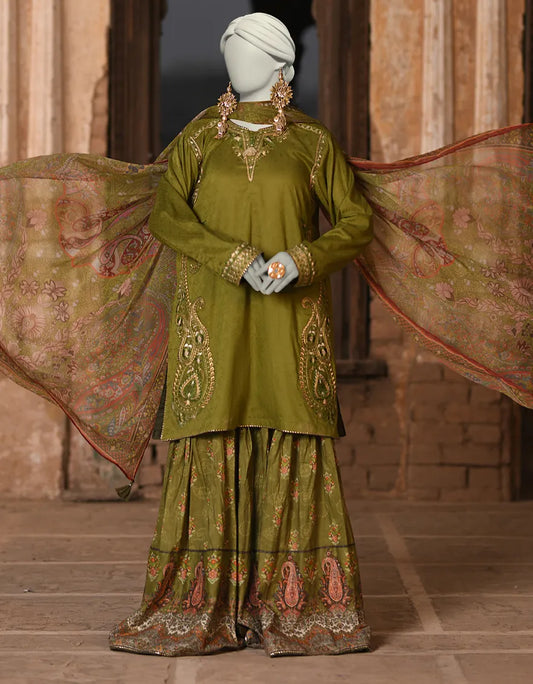 GREEN DOBBY EMBROIDERED 3PC | JLAWN-S-25-013