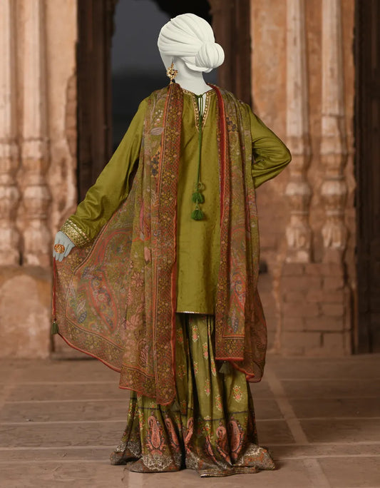 GREEN DOBBY EMBROIDERED 3PC | JLAWN-S-25-013