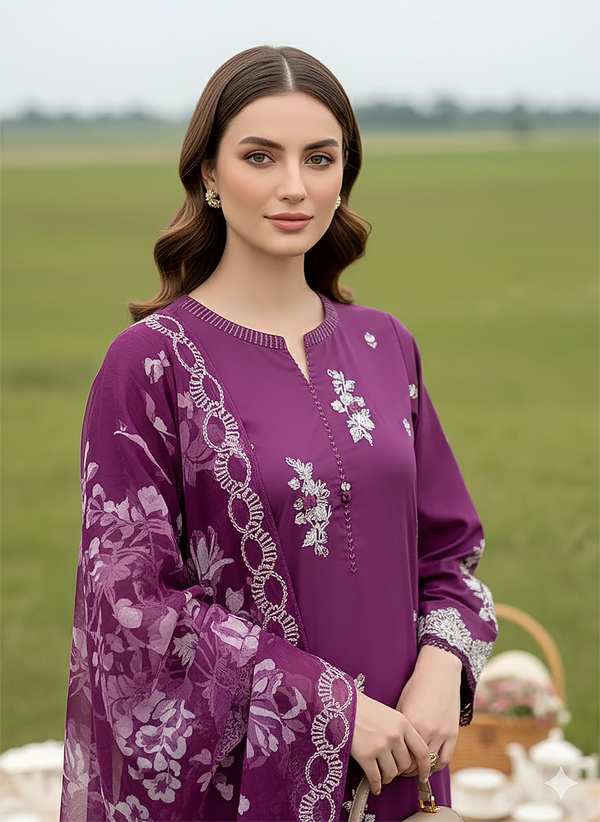 LAKHANY BY LSM UN-STITCHED 3PC | PLUM GRACE
