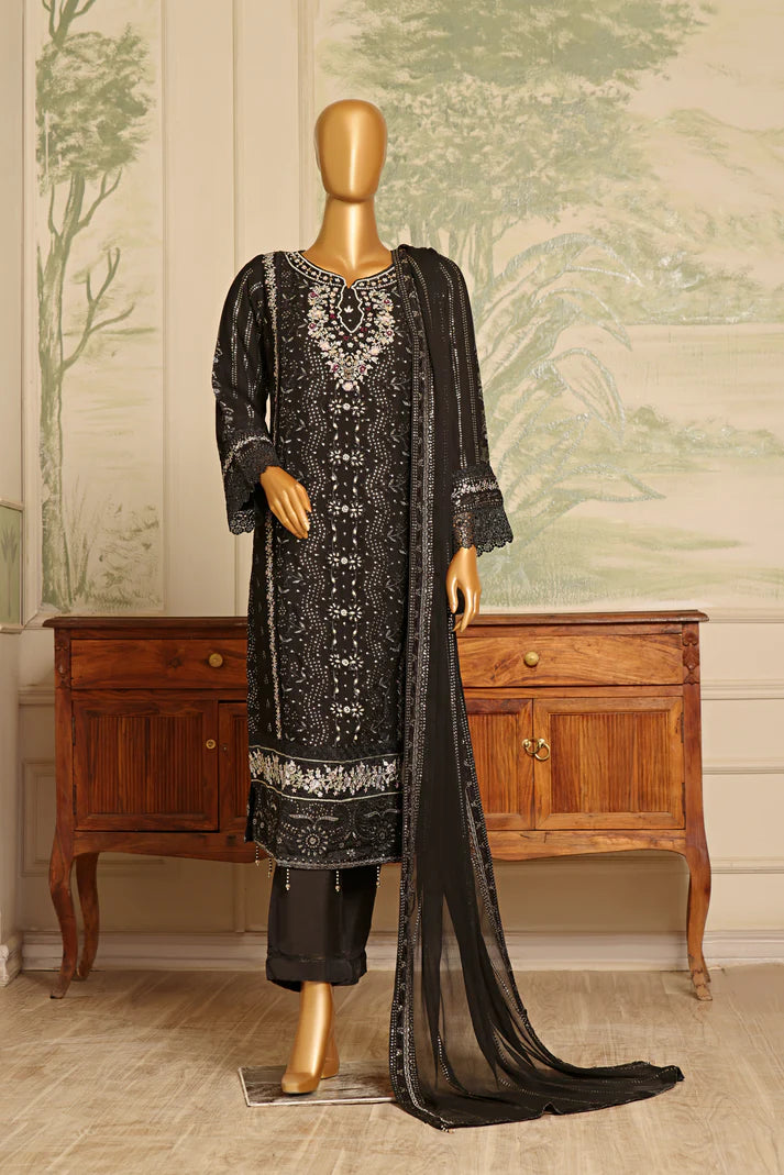 AKSHA SEMI-STITCHED HANDWORK CHIFFON 3PC | Midnight