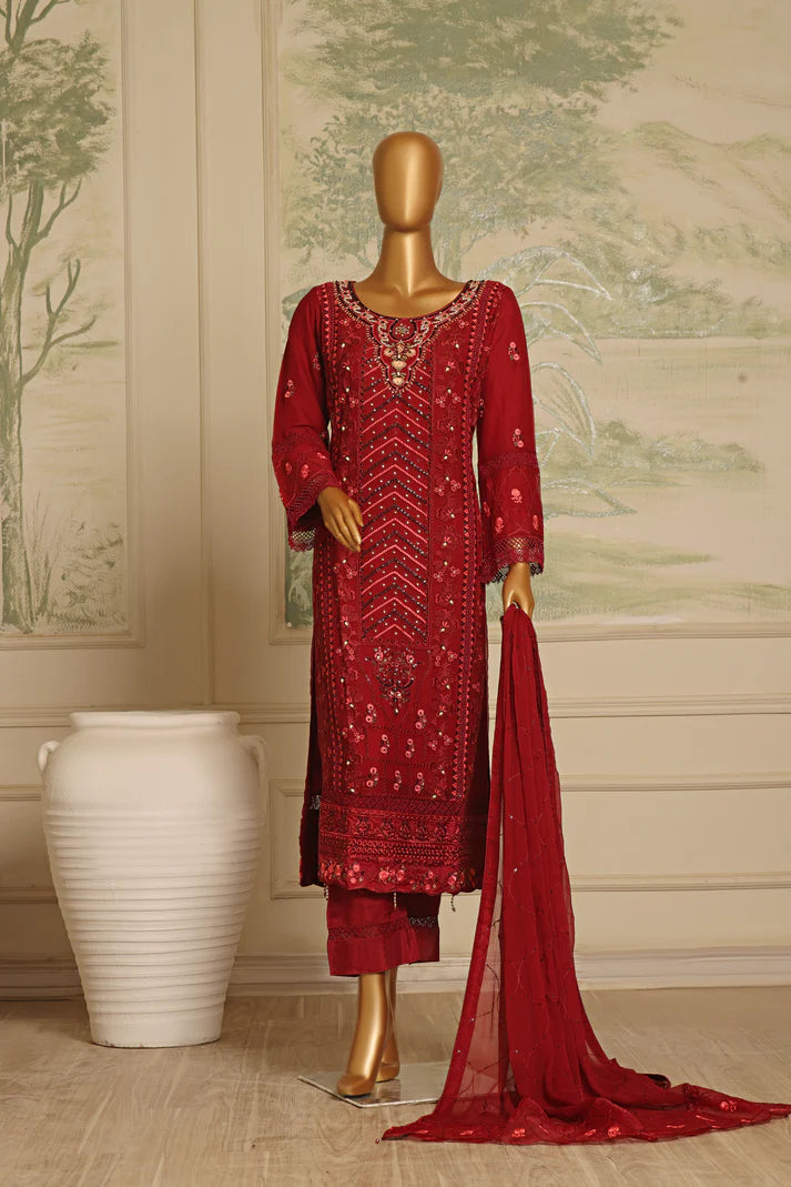 AKSHA SEMI-STITCHED HANDWORK CHIFFON 3PC | Ruby