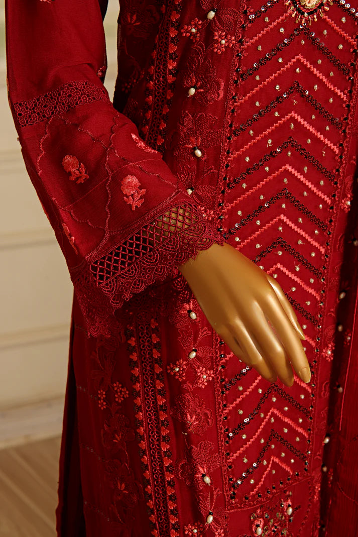 AKSHA SEMI-STITCHED HANDWORK CHIFFON 3PC | Ruby