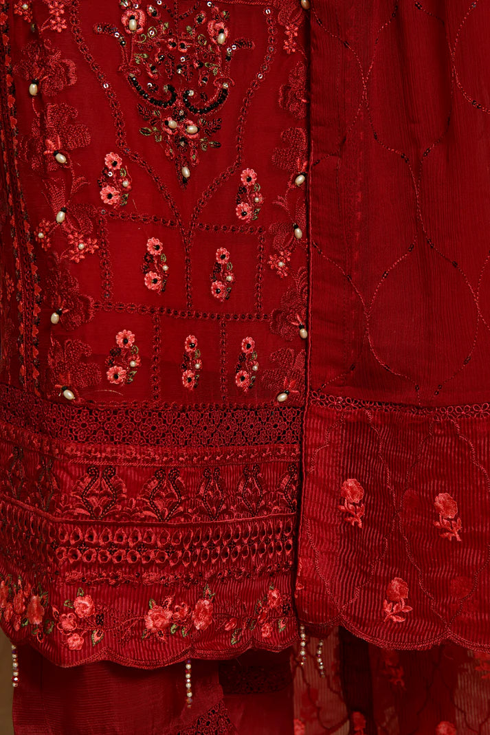 AKSHA SEMI-STITCHED HANDWORK CHIFFON 3PC | Ruby