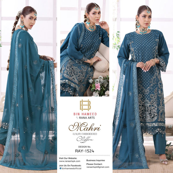 Mehri bin hameed rana arts luxury chiffon semi stitched -ray 1524