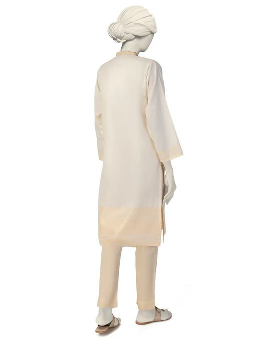 OFF WHITE WOVEN JACQUARD EMBROIDERED KURTI