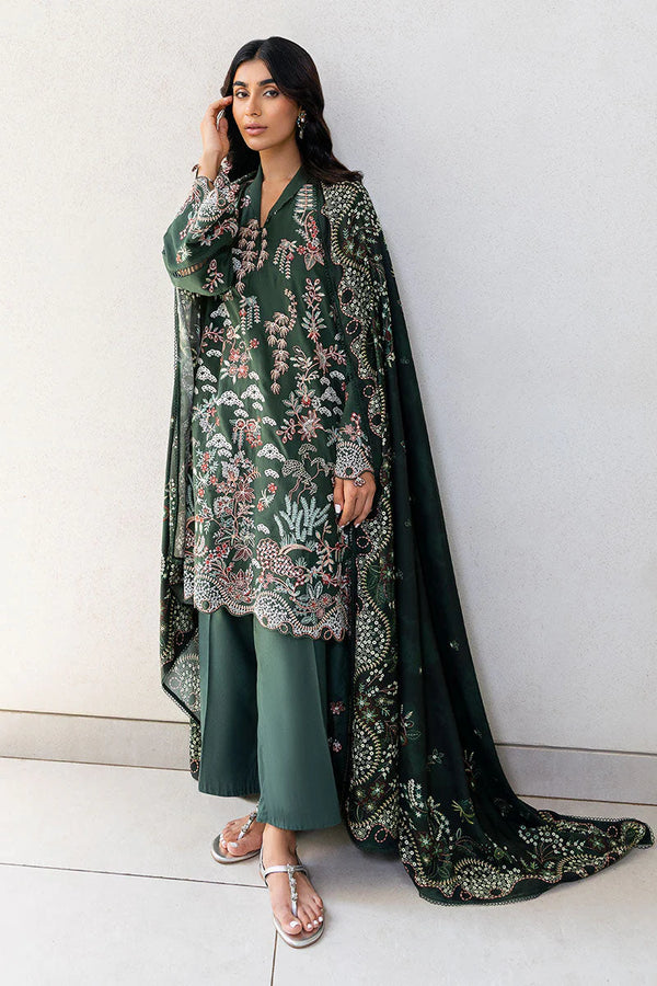 CROSS STITCH/GREEN ORNATE-3PC SATIN EMBROIDERED SUIT