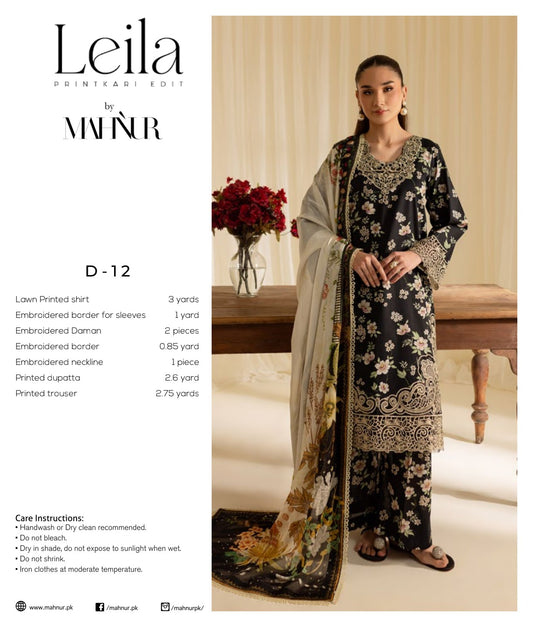 LEILA BY MAHNUR UNSTITCHED LAWN D-12