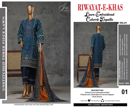 RIWAYAT -E-KHAS BY JUSTJU UN-STITCHED LAWN-DESING VL1-01